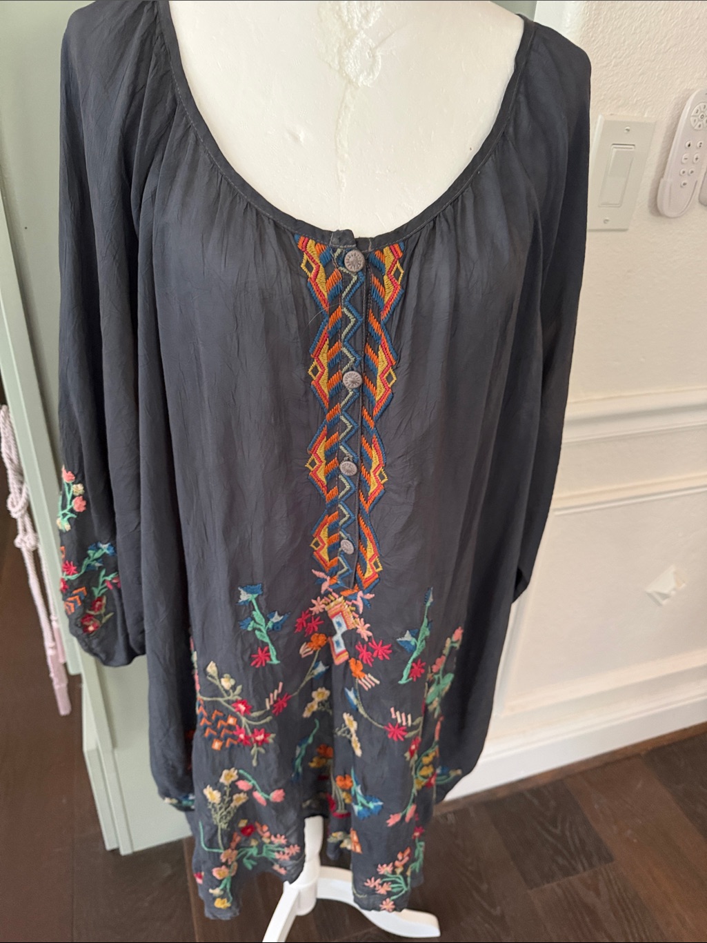 Johnny Was Black Embroidered Boho Tunic With Multicolor Floral Accents